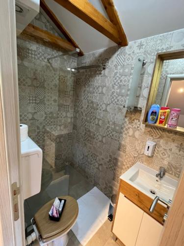 a bathroom with a toilet and a sink at Apartments PKT DeLux in Niš