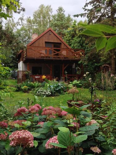 a house in the middle of a garden with flowers at Dziki brzeg Jezioraka in Plajny