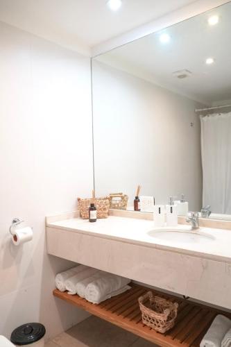 a bathroom with a sink and a large mirror at VOHE Pilar I 3 Ambientes in Villa Rosa