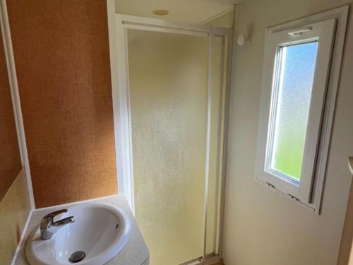 a bathroom with a sink and a mirror and a window at Mobil home 5 pers avec terrasse à Prailles - API-1-52-702 in Prailles