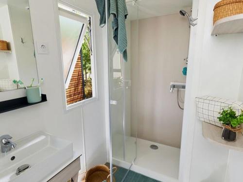 a bathroom with a shower and a sink at Mobil-home avec Terrasse pour 6 Personnes en Ardèche - API-1-52-360 in Saint-Maurice-dʼIbie
