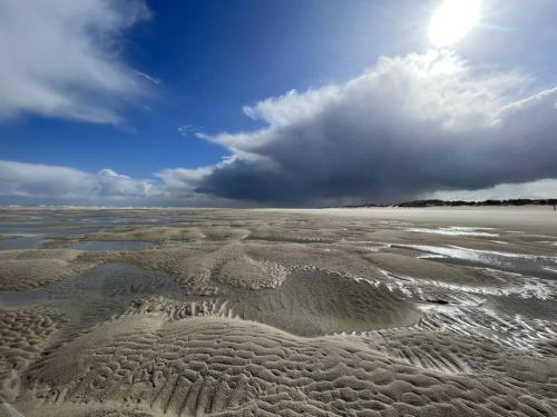 an aerial view of a beach with a cloudy sky at Mellum Bernstein in Wangerooge