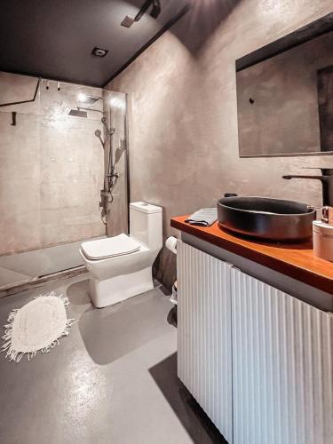 a bathroom with a toilet and a sink at suite campestre con terraza in Puerto Varas
