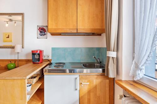 a small kitchen with a sink and a counter at Pension Ferienwohnung Baarblick in Donaueschingen