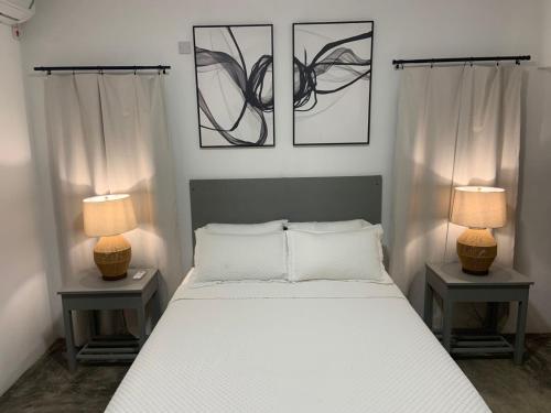 ein Schlafzimmer mit einem Bett mit zwei Lampen auf zwei Tischen in der Unterkunft Ocean view villa in Port Antonio