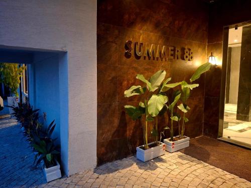 a building with three potted plants on the side of it at SUMMER88 Boutique Hotel Azara, 4 Km from Airport, Near Kamakhya Temple in Guwahati
