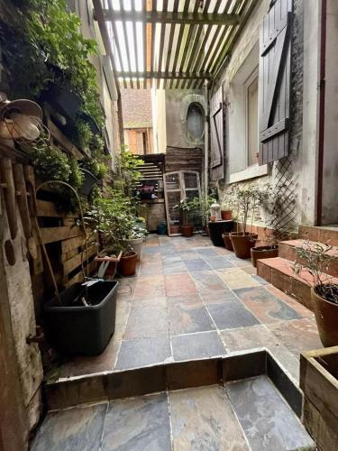 a courtyard with potted plants in a building at Appartement authentique et chaleureux au cœur de Salies-de-Béarn, dans le quartier historique avec commerces et restaurants au pied, à deux pas des thermes in Salies-de-Béarn