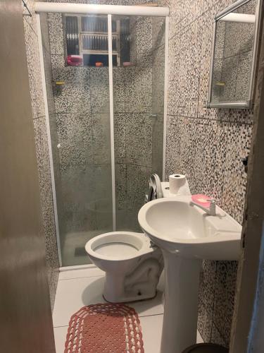ein Badezimmer mit Dusche, Toilette und Waschbecken in der Unterkunft Apartamento aconchegante perto da rodoviária in Teresina