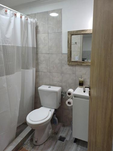 a bathroom with a toilet and a shower curtain at Dorado Stey 2 in Río Grande