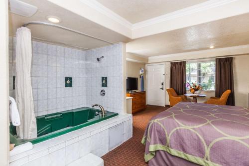 a bathroom with a large tub and a large window at Hotel Rose Garden in San Jose