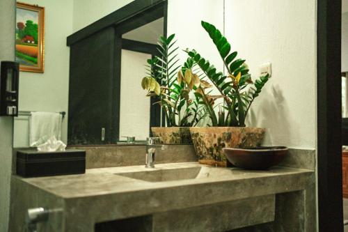 a bathroom with a sink with a mirror and a plant at Jimbaran Beach Bliss Villa, Bali in Ngurah Rai International Airport