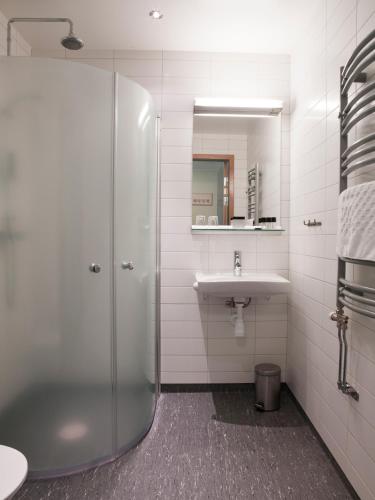 a bathroom with a shower and a sink at Ringsjöstrand Camping, Hotell och Stugby in Hörby