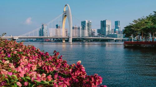 a bridge over a river with pink flowers at Paco Hotel Tiyuxilu Metro Guangzhou-Free Shuttle Bus during Canton Fair&5 Min walk to Canton Fair Buyer Registration Store in Guangzhou