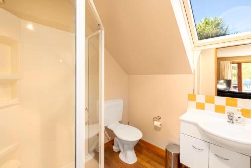 a bathroom with a toilet and a sink and a window at Settlers Boutique Motel in Hanmer Springs