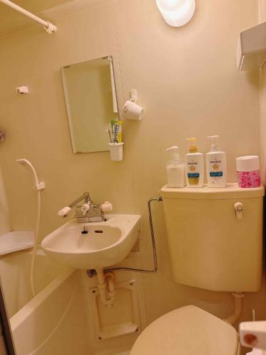 a bathroom with a sink and a toilet and a mirror at The Isabella Yokohama in Yokohama