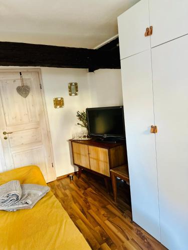 a bedroom with a bed and a tv on a table at Gästezimmer Emil&Frieda in Besigheim