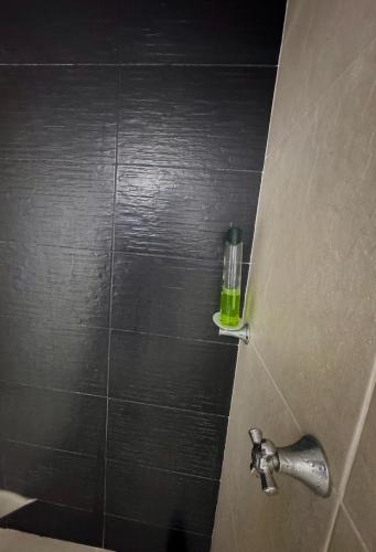a bathroom door with a green bottle on a shelf at Hostal Turístico Ninfa del Mar in Manizales