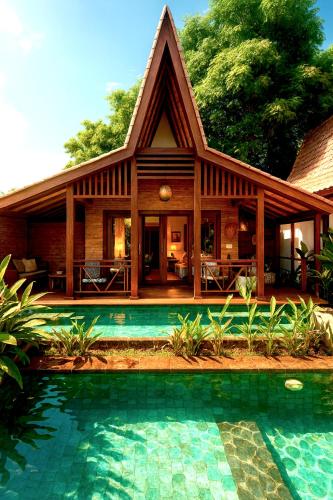 a house with a pool in front of it at Kaleydo Villas in Gili Trawangan