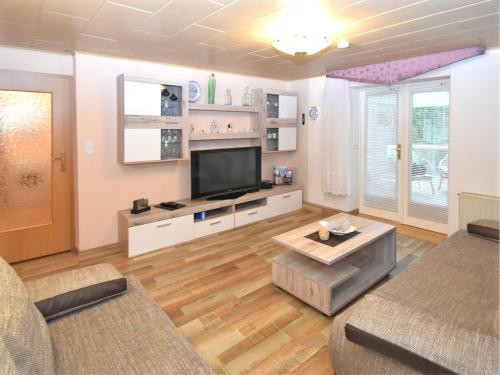 a living room with a flat screen tv and a couch at Ferienwohnung sächsische Schweiz in Pirna