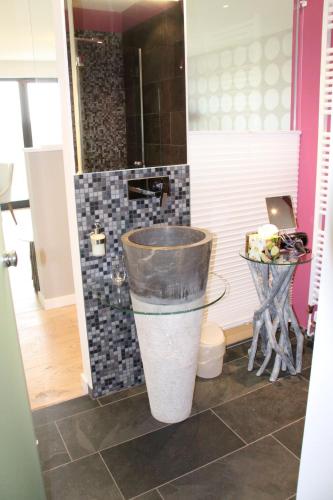 a bathroom with a bucket in a room at Hotel Gut Bardenhagen in Bardenhagen