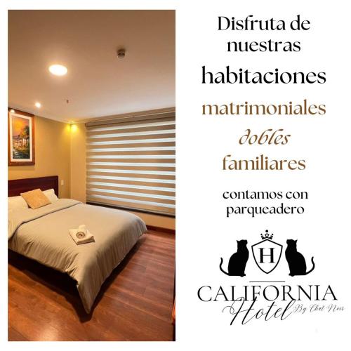a poster of a bedroom with a bed and two cats at Hotel California by Chat Noir in Cuenca