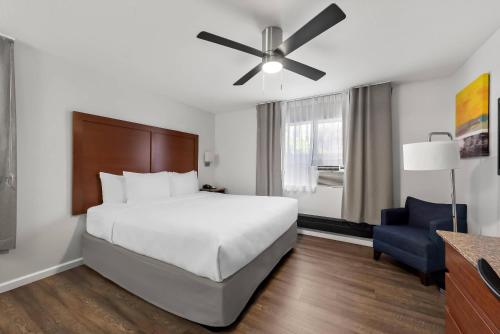 a bedroom with a bed and a ceiling fan at Comfort Inn Gaslamp Convention Center in San Diego
