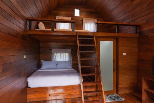 a bunk bed in a wooden room with a ladder at พลังความสุข รีสอร์ท ใจกลางเมืองพะเยา in Phayao