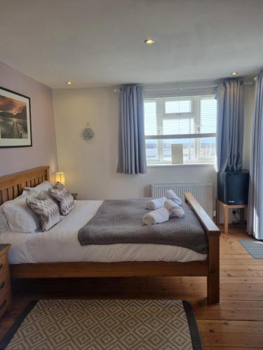 a bedroom with a large bed with blue curtains at Sandy Paws in Portreath