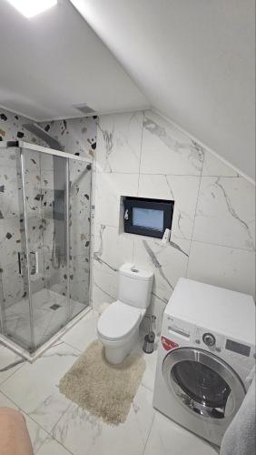 a bathroom with a toilet and a tv on the wall at Cottage MiniHouse in Kozevo