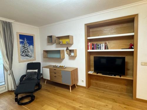 a living room with a chair and a television at Wilena Apartments in Villach