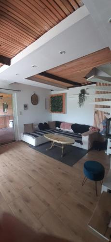 a large living room with couches and a table at Gîte "Le Pacifique" in Esneux