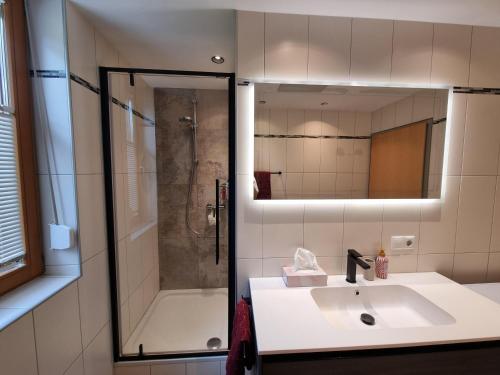 a bathroom with a sink and a shower and a mirror at Alpine Hideaway in Arzl im Pitztal