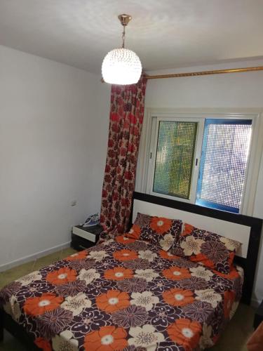 a bedroom with a bed with a comforter and two windows at Cozy Harbor Retreat in Monastir