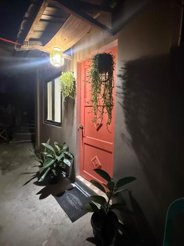 a red door with a plant in front of it at Dive House by Casita del Mabini in Mabini