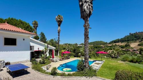 a villa with a swimming pool and two palm trees at Casa Calidris - Bed, Wine & Breakfast in Sesimbra