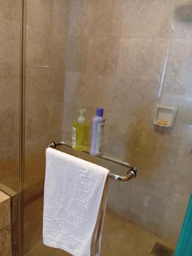 a shower with a towel and bottles on a towel rack at Fantastic appartment at times square Kuala Lumpur in Kuala Lumpur