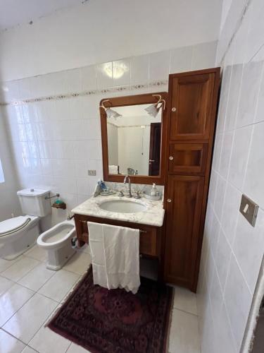 a bathroom with a sink and a toilet and a mirror at La Casa della Nonna in stile antico in Castel del Rio