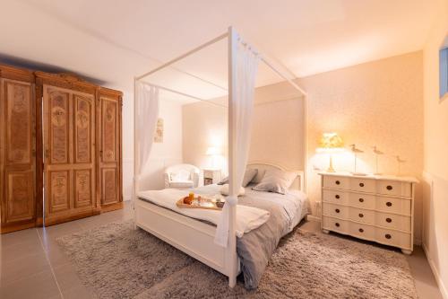 a bedroom with a canopy bed with a mirror at Le Loft avec jacuzzi in Saint-Gildas-de-Rhuys