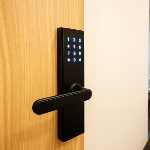 a black door handle on a wooden door at Wink at Perak Road in Singapore