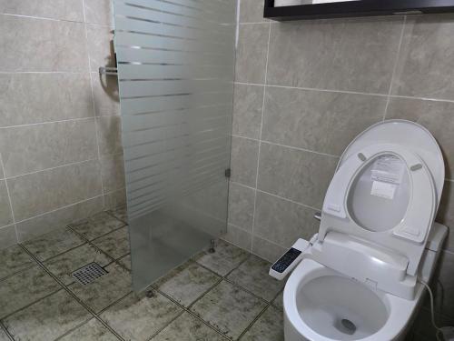 a bathroom with a toilet and a shower stall at Cheonjiyeon Hotel in Seogwipo