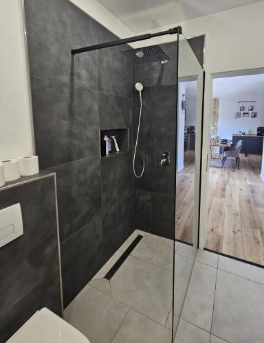 a shower with a glass door in a bathroom at Moderne 3-Zimmer-Wohnung nahe dem Schloss in Bad Berleburg