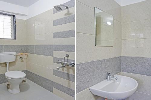 two pictures of a bathroom with a toilet and a sink at Hotel O Maurya in Pune