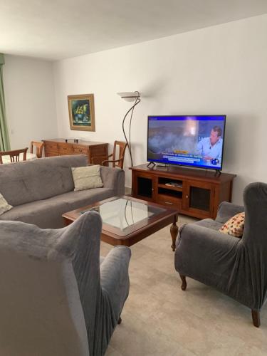a living room with a flat screen tv and two couches at LA BARRACA - Ideal para familias y adultos responsables en busca de tranquilidad no se permiten fiestas in Mojácar