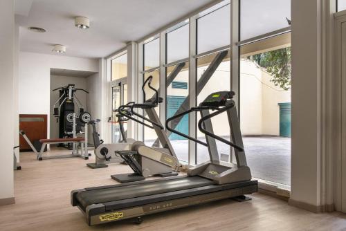 a gym with a treadmill and ellipticals in a room with windows at Park Hotel Ripaverde in Borgo San Lorenzo