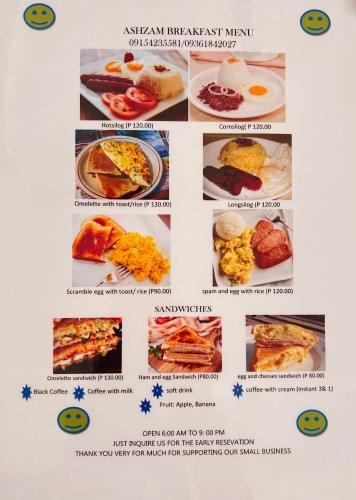 a menu for a breakfast meal with pictures of food at Baydreams in Coron