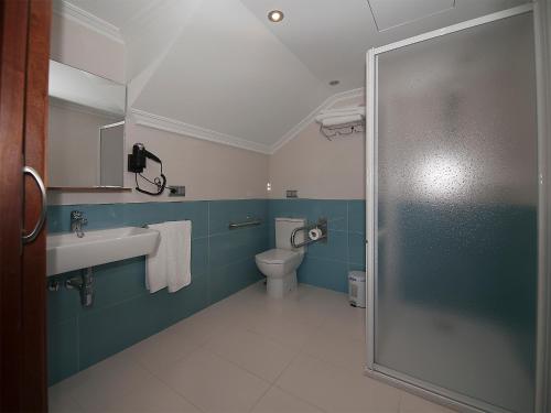 a bathroom with a toilet and a sink and a shower at Pensión Residencia A Cruzán in Noalla