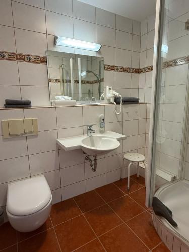 a bathroom with a toilet and a sink and a shower at Hotel am Hafen Havelberg in Havelberg