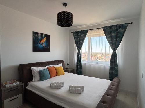 a bedroom with a large bed with a window at Ana&Patrick FriendlyApartment in Oradea