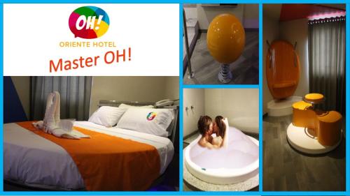 a collage of four pictures of a hotel room with a bed and a child at Oh! Oriente Hotel in Mexico City
