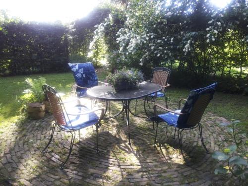 a patio table and chairs with a potted plant on it at Bed & Breakfast Onder Dak in Scharmer